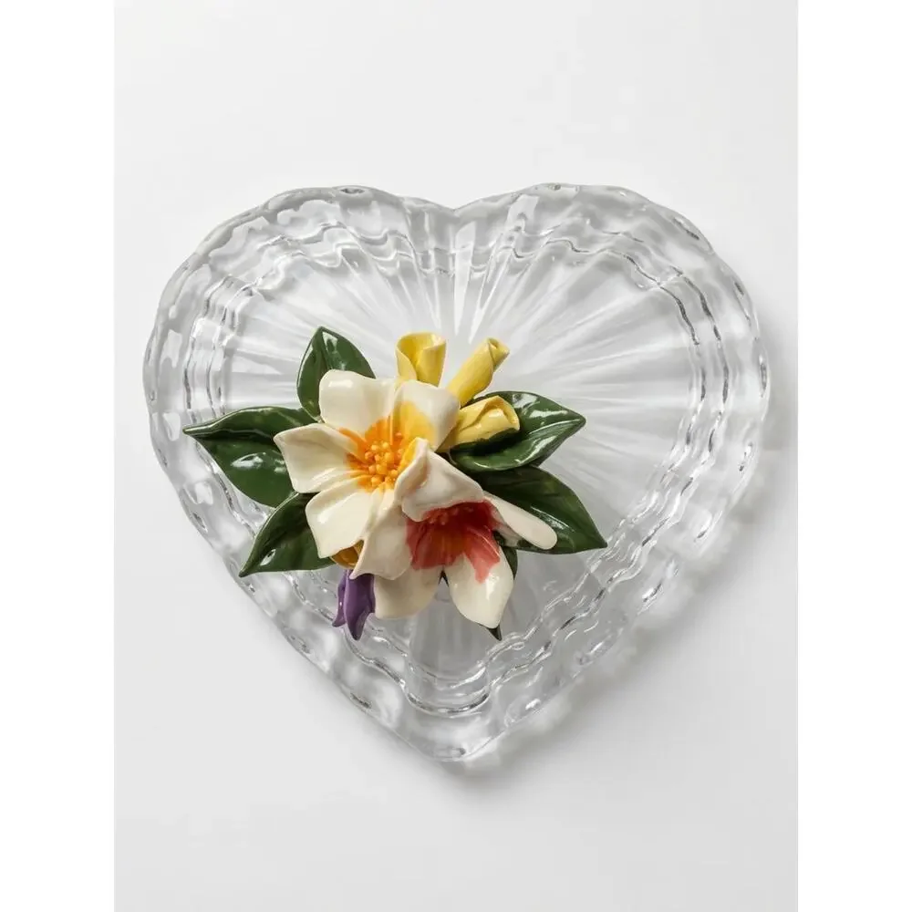 Vintage World Showcase Glass Heart Covered Box Floral Porcelain Top